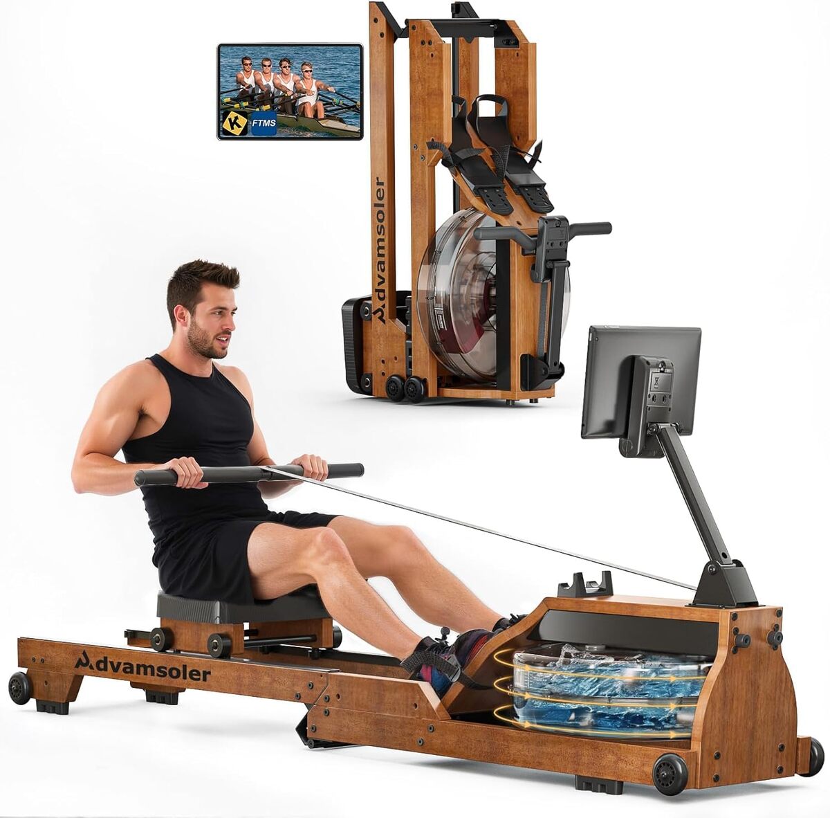 Rameur En Bois Pliable Tectake - Résistance à Eau 6 Niveaux - Capacité 150 Kg - Écran D'entraînement - Home Gym