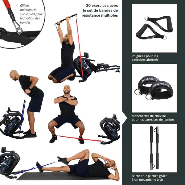 Skandika Rameur Nemo V/V Hybrid | Résistance à l'eau/Eau et résistance magnétique | Réservoir à 90°, Max 200 cm & 150 kg, Compatible avec App | Rameur à Eau pour la Maison