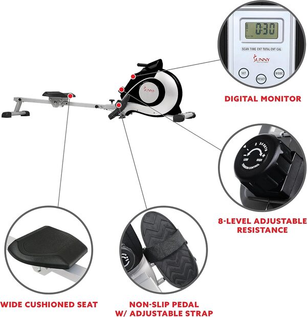 Sunny Health & Fitness Rameur magnétique, compact et pliable pour la maison, super silencieux et silencieux, connexion par application SunnyFit exclusive en option