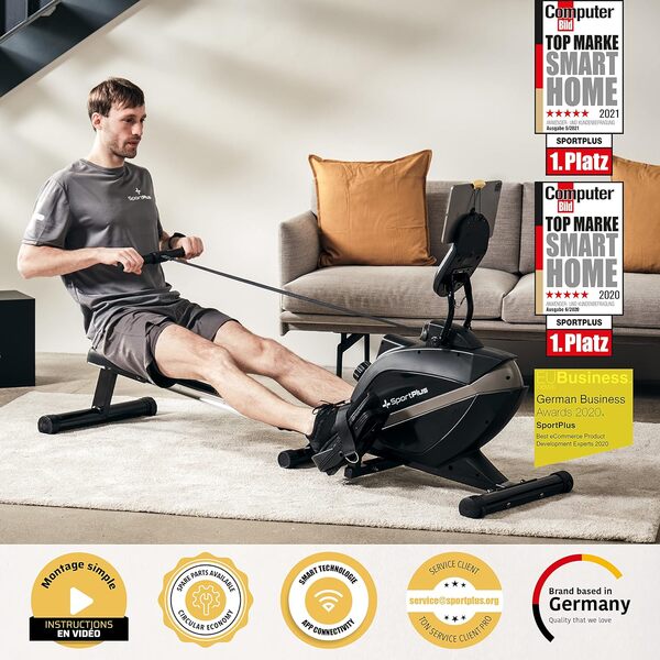 SportPlus Rameur pour la Maison Pliable - Conçu en Allemagne - Système de freinage magnétique Silencieux - Compatible avec l'application - Masse d'inertie de 8 kg - Capacité Maximale 150KG