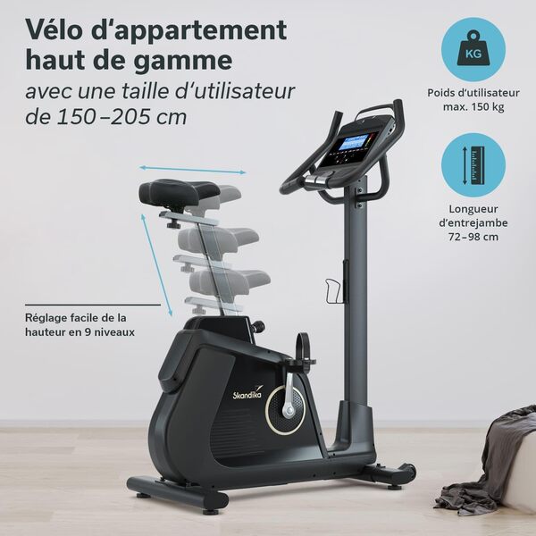 Skandika Vélo d'appartement Cykling P14 | Ergomètre avec 32 niveaux de résistance, max. 150 kg et max 205 cm, écran LCD, haut-parleur, Bluetooth, connexion App, Kinomap | Vélo de fitness