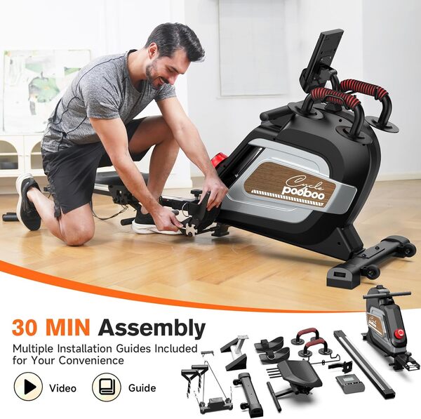 Pooboo Rameur magnétique d'une capacité de charge de 163,3 kg, rameur pliable avec exercices de force, support de tablette et coussin de siège confortable, rameur pour usage domestique