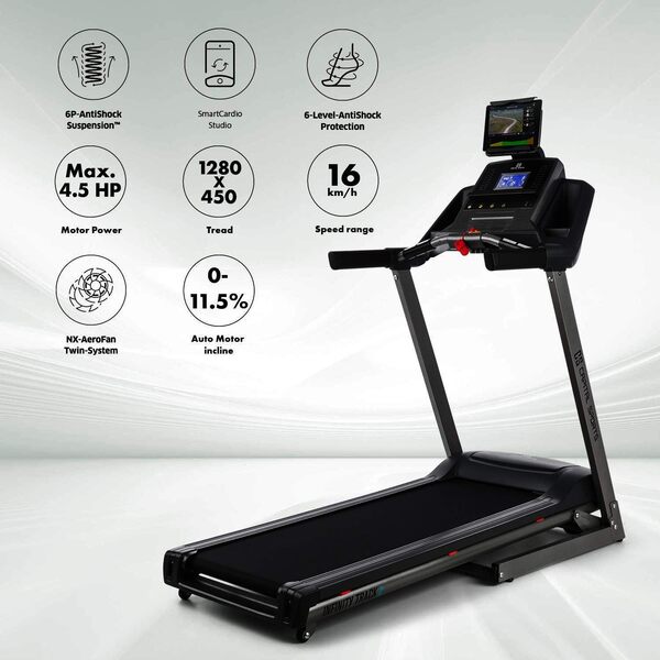 CAPITAL SPORTS Infinity Track Tapis de course – Treadmill 5 CV avec haut-parleurs intégrés & AUX-IN, piste de course avec capteur de pouls, 36 programmes, pliable, roulettes au sol, gris