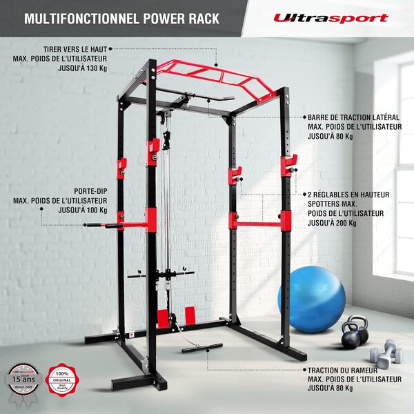 Ultrasport Multi-Gym Power Rack, Basic-Rack, pour l'élargissement de différentes Variantes d'entraînement, Set de poignées, Support en H pour Un entraînement Efficace de Tout Le Corps à Domicile