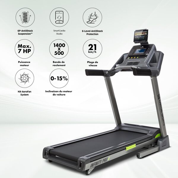 CAPITAL SPORTS Infinity Pro - Tapis de Course électrique, Vitesse jusqu'à 21 km/h, Pente réglable jusqu'à 15%, Ecran 7 LCD, 36 progr. d'entraînement, 3 Modes personnalisés, Moteur de 7 ch, Noir