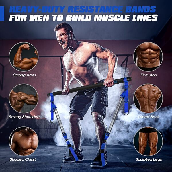 Barre de Pilates, équipement de pilates robuste de 150 kg, kit de barre de Pilates multifonction avec bandes de résistance pour l'entraînement, les squats, équipement d'entraînement portable à