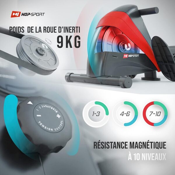 HOP-Sport® Rameur Pliable Appartement HS-030R Boost, Système Freinage Magnétique, 10 Niveaux de résistance, Rowing Machine pour la Maison, Roue d'inertie 9 kg, Capacité de Charge de 120 kg