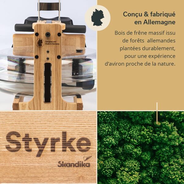 Skandika rameur à Eau Styrke | Conçu et fabriqué en Allemagne, rameur d'appartement en Bois, frêne Massif, Bluetooth, Compatible avec appli Kinomap
