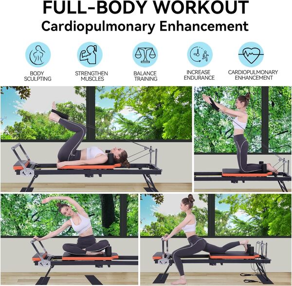 Machine de pilates pliable pour un usage domestique et une salle de sport, adaptée pour les utilisateurs avancés et débutants, équipement de pilates avec 4 ressorts et 5 cordons de résistance