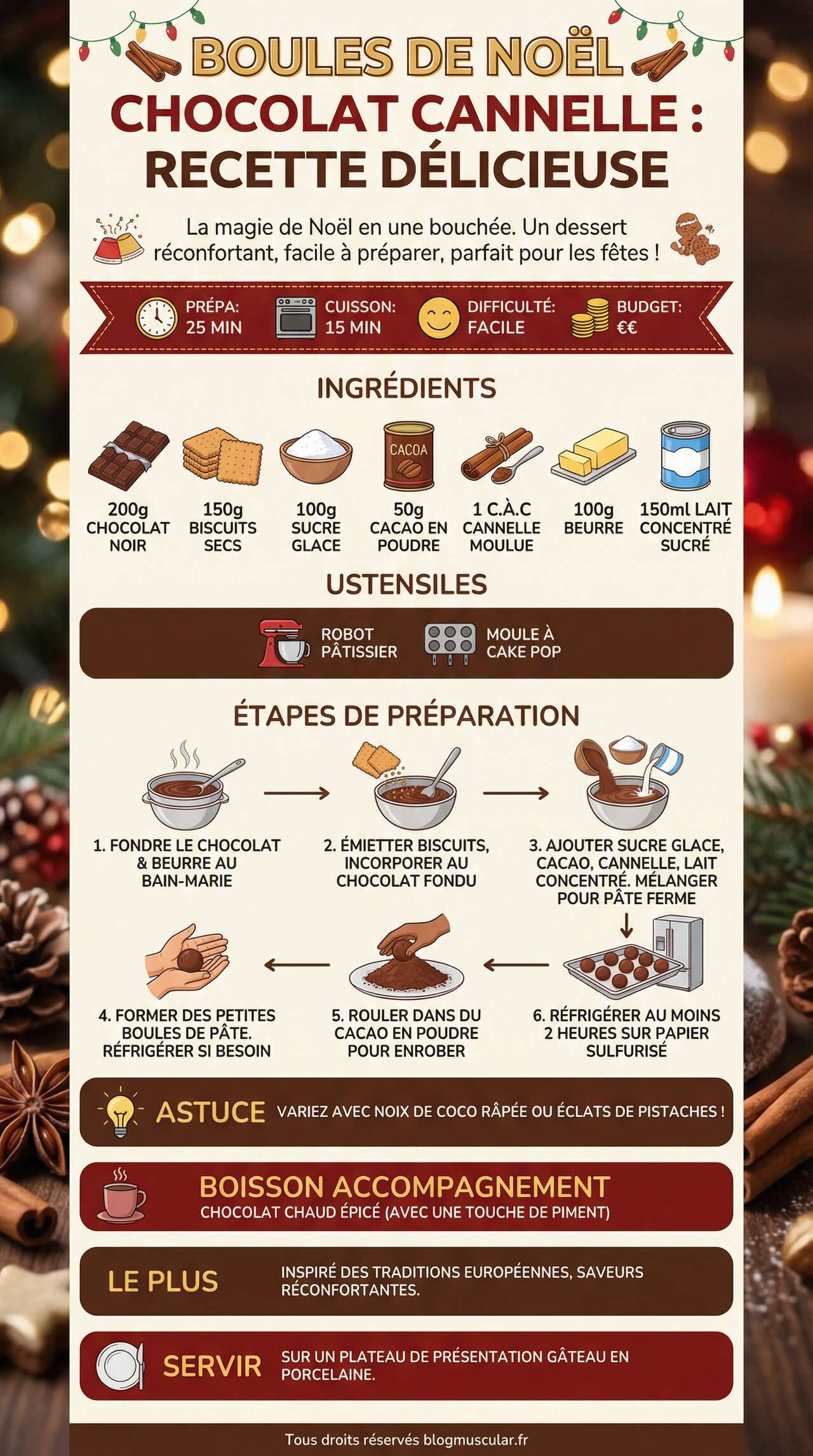 Infographie de la recette Boules de Noël Chocolat Cannelle : recette Délicieuse Infographie de la recette Boules de Noël Chocolat Cannelle : recette Délicieuse