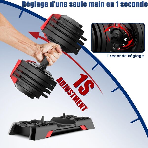 DH FitLife 24kg Haltères Réglables de 3 à 24 KG avec 12 Niveaux, Ensemble d'Haltères Courts avec Disques de Poids, Haltères Courts Ajustables, Poids Variables 12 en 1
