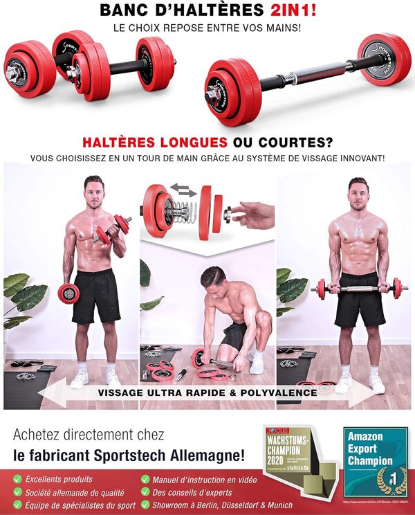 Sportstech 2 en 1 avec Couvercle en Silicone AH300- Ensemble d'haltères Courte/Longue, Musculation réglable en Fonte de 20/30KG avec Barre d'extension pour Entraînement Musculaire et Haltérophilie