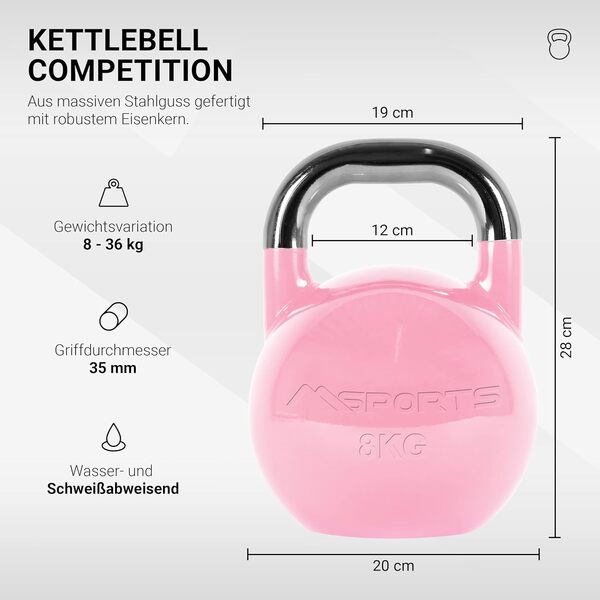 Kettlebell Competition Premium 4-36 kg avec poster d'exercices | Qualité studio professionnelle | Kettlebell de compétition