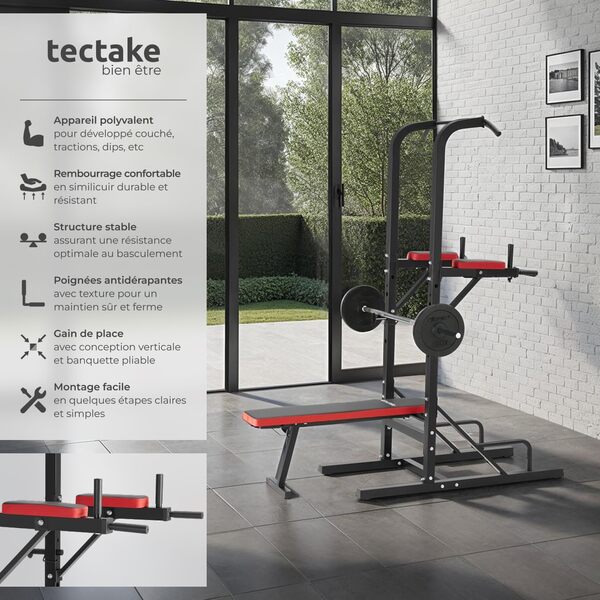 tectake® Station de Musculation Cage de Musculation Banc de Musculation Pliable Barre de Tractions Appareil Musculation Banc d'haltères Barre Musculation Sport Maison Fitness 180 x 95 x 210 cm