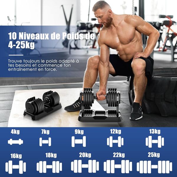 DH FitLife Haltères réglables de 25 kg, de 4 à 25 kg, avec 10 niveaux de poids, avec disques d'haltères, poids variables 10 en 1