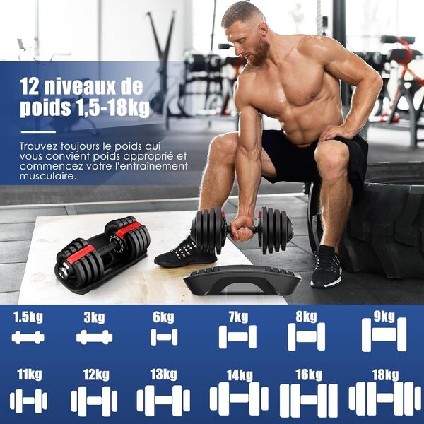 DH FitLife Set d’Haltère Réglable 12-en-1 1,5–18 kg avec Base, Plaques de Poids, Compact pour Entraînement à Domicile