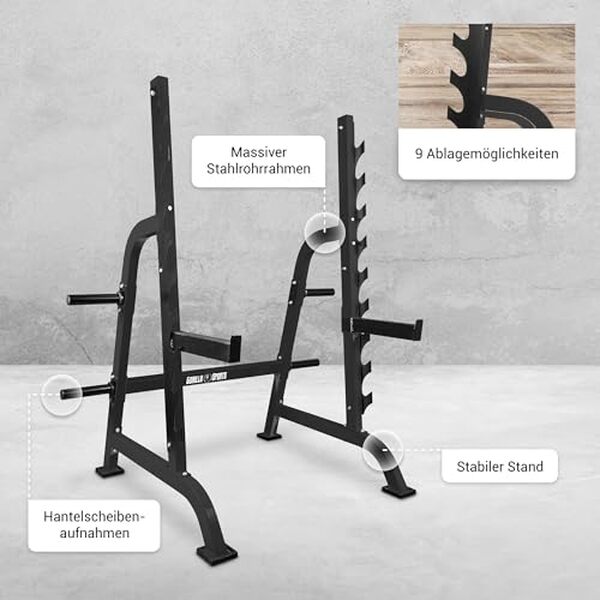 Découvrez le rack squat Gorilla Sports : un équipement robuste en acier avec un stockage polyvalent pour optimiser vos entraînements à domicile.